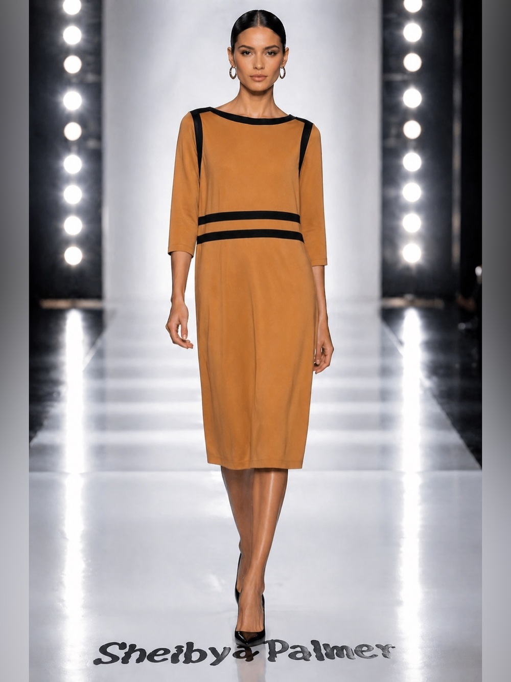 Shelby & Palmer Tan and Black Sheath Dress 3/4 Sleeve Bateau Neckline
